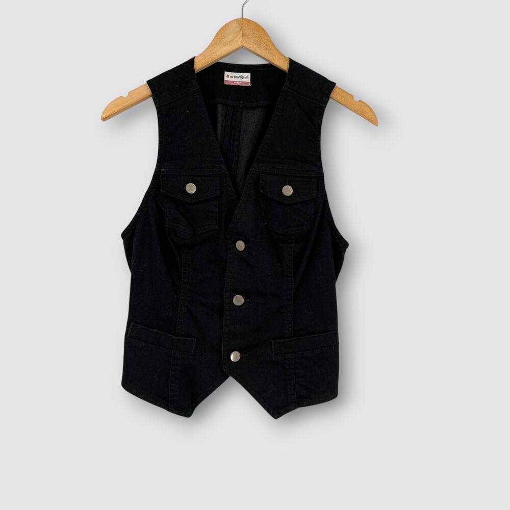 Vintage Y2k No Boundaries Stretch Black Denim Utility Vest Size Small